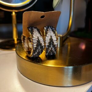 Beaded Hoop Earrings - Black, White, & Gold Design